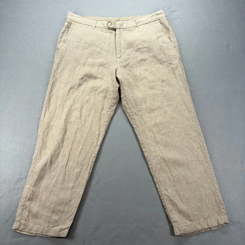 Tasso‎ Elba Linen Pants Mens 36W 30L Beige Flat Front Straight Leg Trousers